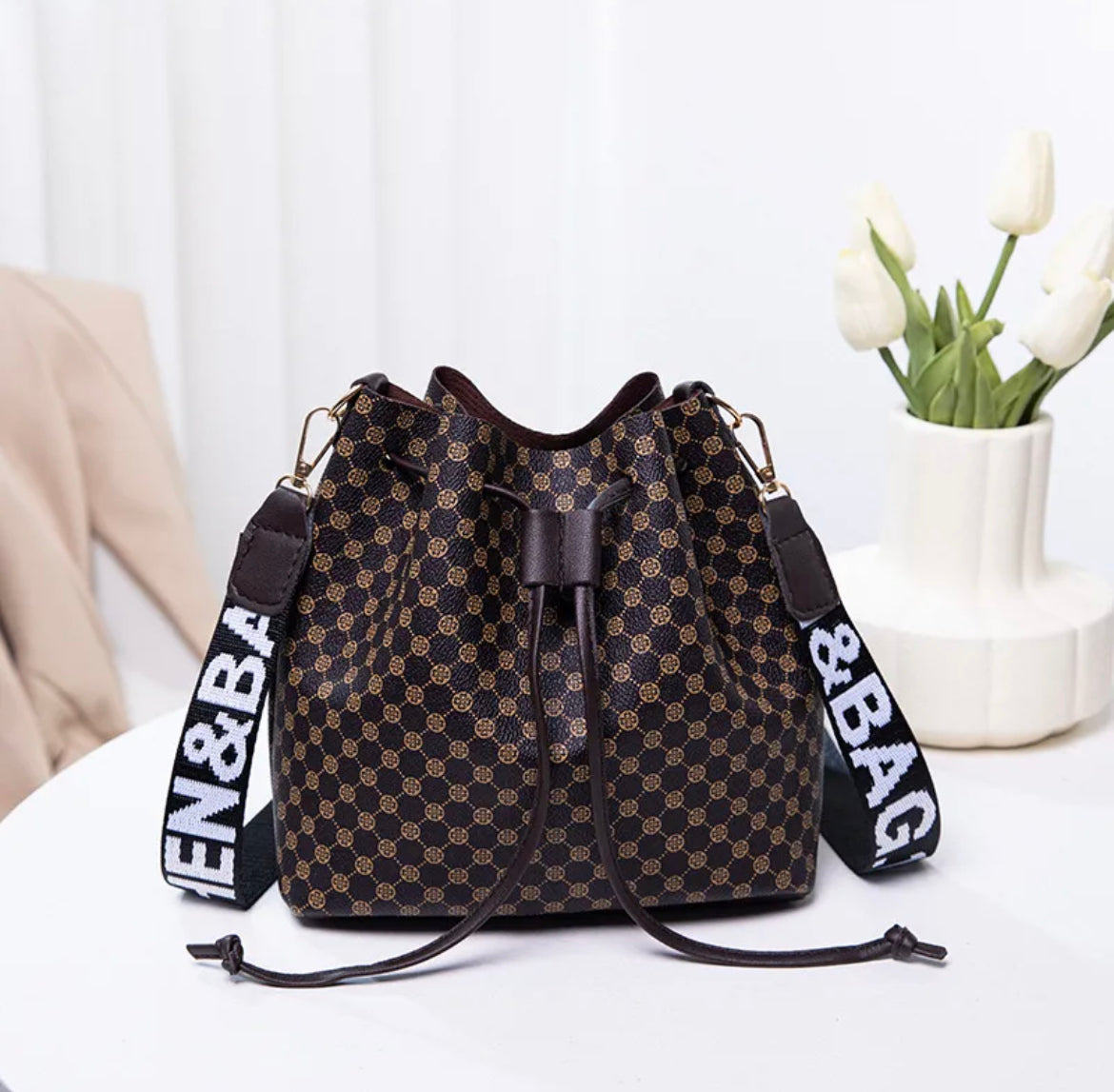 Geometric Pattern Drawstring Bag