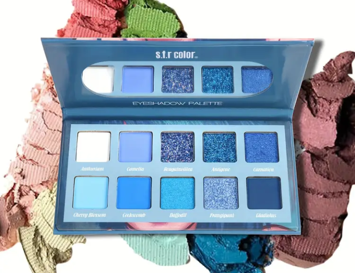 Waterproof Long-Lasting 10-Color Eyeshadow Palette - Matte Shimmer Glitter Finish with Mirror - Essential for Goddess Look, Blue Tone