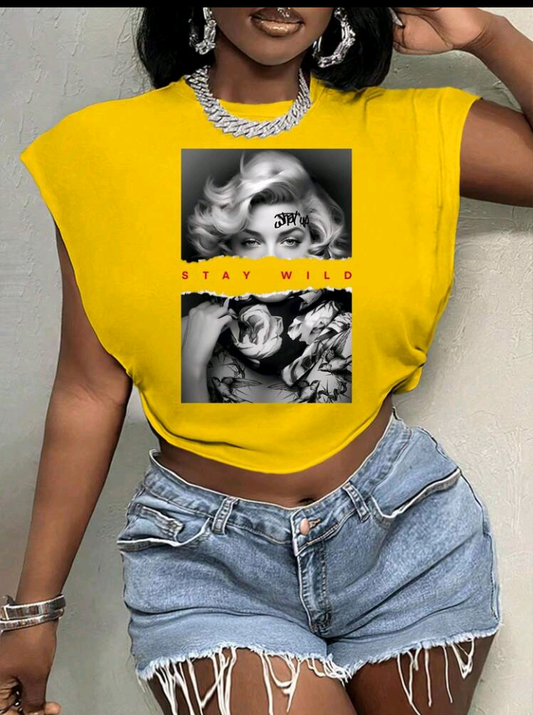 Casual Floral Portrait Graphic Crew Neck Cropped Loose Fit T-Shirt