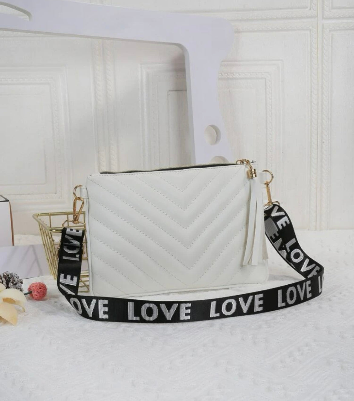 White Letter Strap Flat Bag