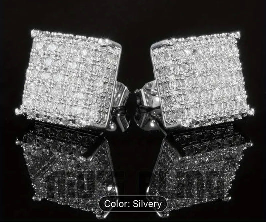 Men sparkling Square Stud Earrings-Elegant Rhinestone Jewelry, Stainless Steel Post