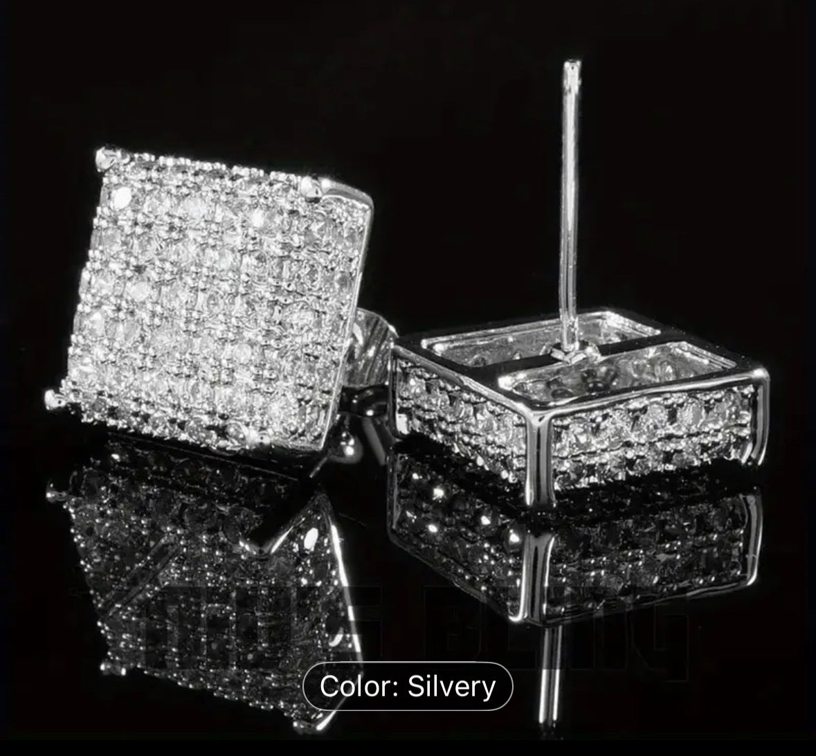 Men sparkling Square Stud Earrings-Elegant Rhinestone Jewelry, Stainless Steel Post