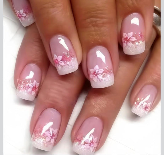 Pink Floral Press on Nails Medium Square French Tip