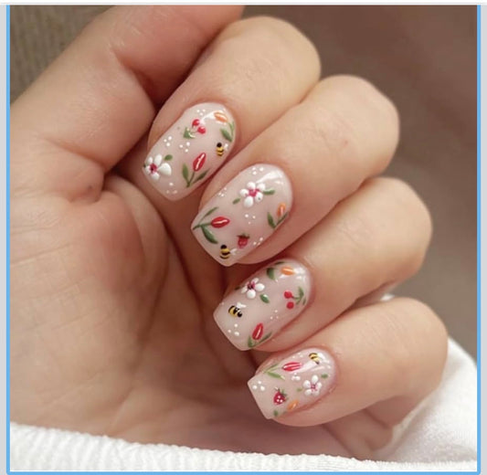 Spring Press on Nails Short Square Nails with Flower Bee Design