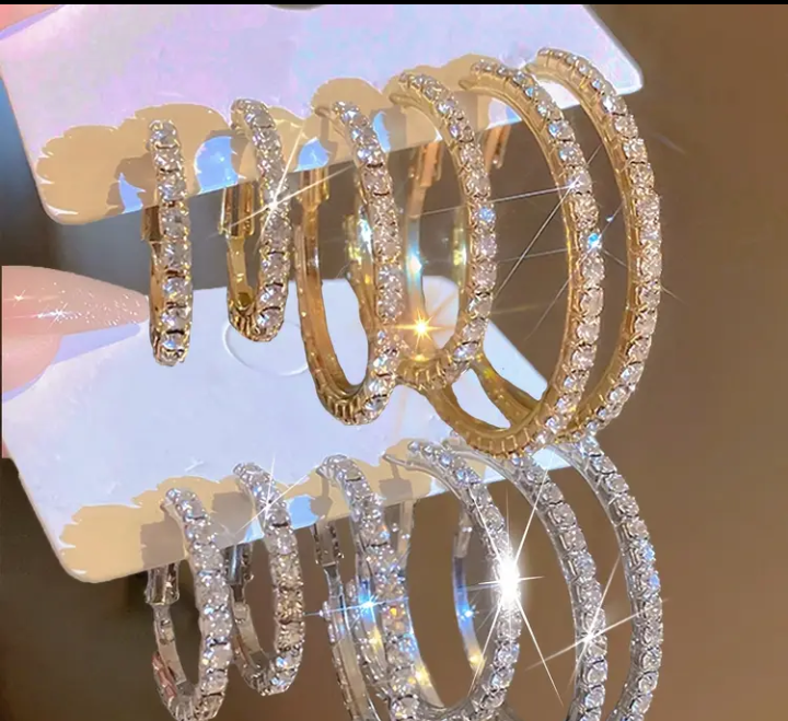 3pcs Elegant Hoop Earrings Set, Rhinestone Embellished, Stainless Steel Post, Versatile & Perfect for Daily Wear, Special Occasions, and Valentine's Day Gift