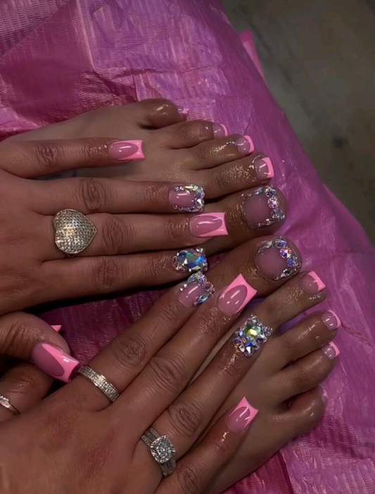 24pcs Pink French Style Manicure Set With Rhinestones For Women And Girls Press On Nails