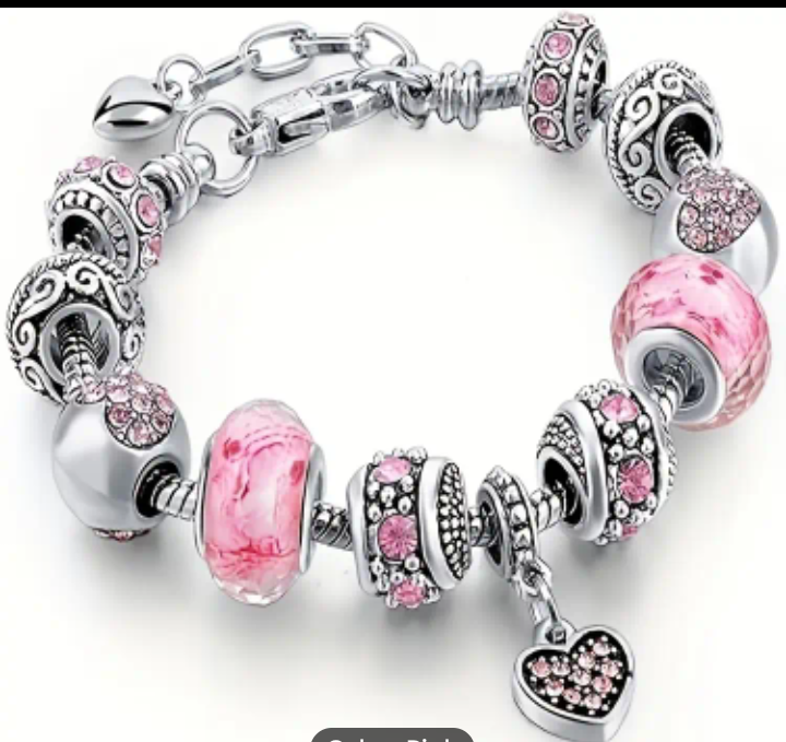 [1pc Pink Heart Pendant Charm] [1pc Pink Heart Pendant Bracelet] Vintage Boho Style Women'S Bracelet, Zinc Alloy Beaded Charm, with Pink Heart Pendant, Adjustable Snake Chain, for Daily Wear & Gifting