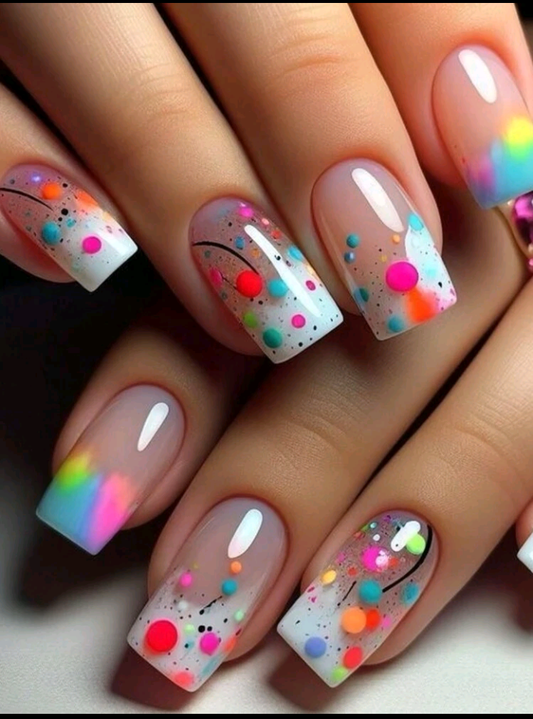 24pcs Minimalist Ombre Colorful Dot & Line Design Short Fake Nails, Fashionable And Suitable For Everyday Wear, Work, Afternoon Tea And Outings