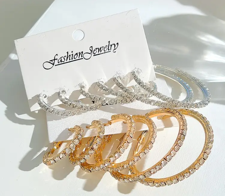 3pcs Elegant Hoop Earrings Set, Rhinestone Embellished, Stainless Steel Post, Versatile & Perfect for Daily Wear, Special Occasions, and Valentine's Day Gift