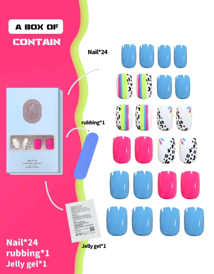 24pcs Glitter Short Square Press-On Nails, Multi-Color Stripe & Polka Dot Glossy Finish False Nails With Jelly Adhesive Tabs & Nail File Included