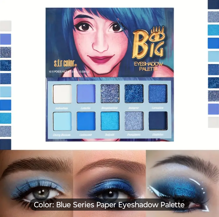 Waterproof Long-Lasting 10-Color Eyeshadow Palette - Matte Shimmer Glitter Finish with Mirror - Essential for Goddess Look, Blue Tone