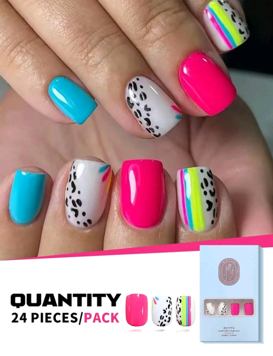 24pcs Glitter Short Square Press-On Nails, Multi-Color Stripe & Polka Dot Glossy Finish False Nails With Jelly Adhesive Tabs & Nail File Included